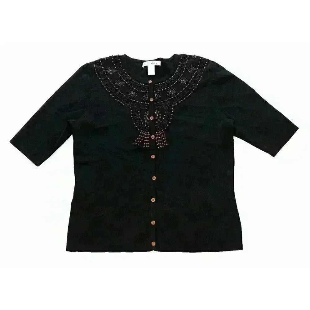 Vintage WD NY Women's M Black Silk Beaded Sequin Short Sleeve Cardigan Sweater